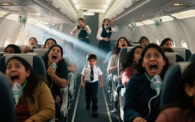 Niño de 7 años con audífonos azules y camiseta del Barcelona caminando por el pasillo del vuelo 443 en emergencia