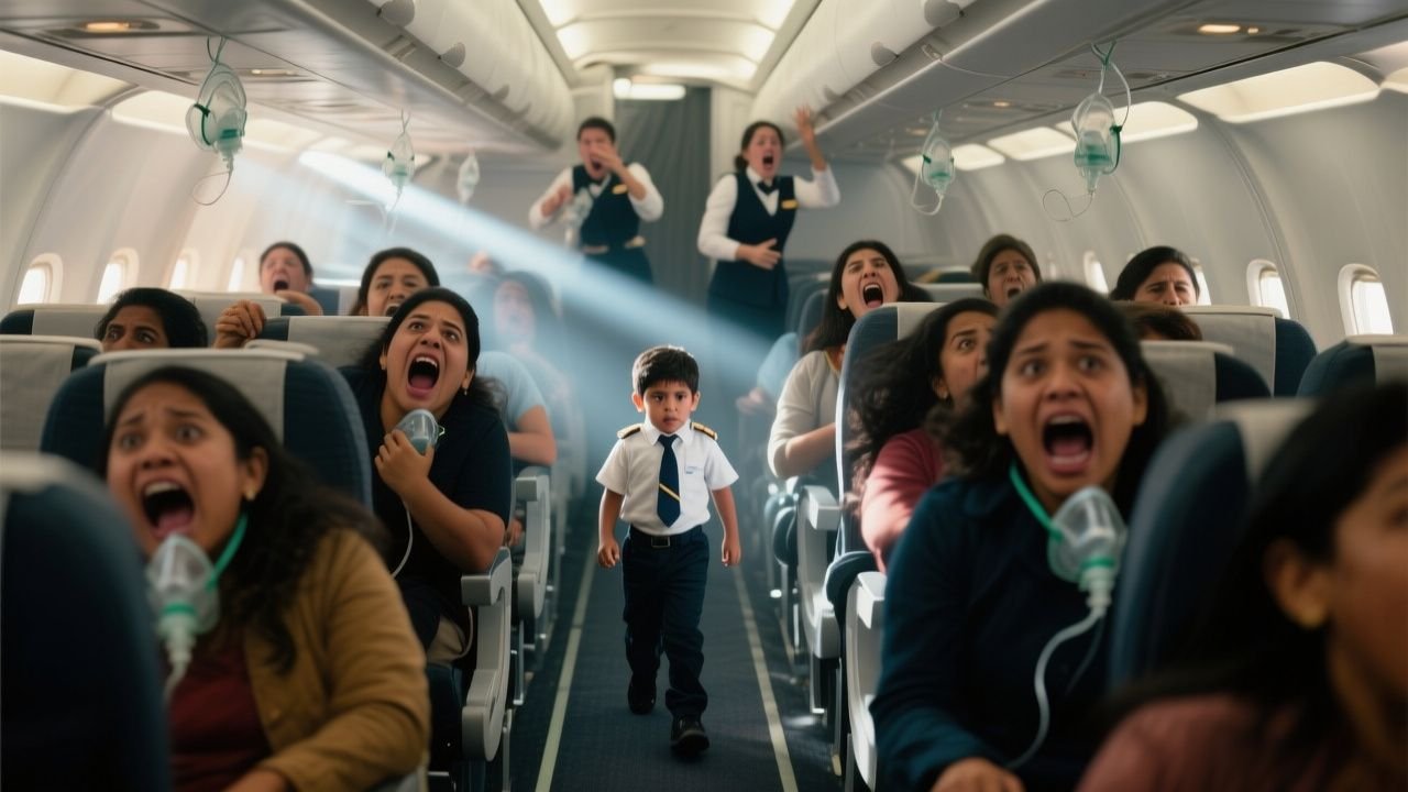 Niño de 7 años con audífonos azules y camiseta del Barcelona caminando por el pasillo del vuelo 443 en emergencia