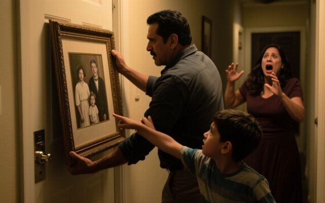 Padre retira un cuadro familiar del pasillo y revela una puerta metálica secreta donde encuentra a su anciano padre encerrado