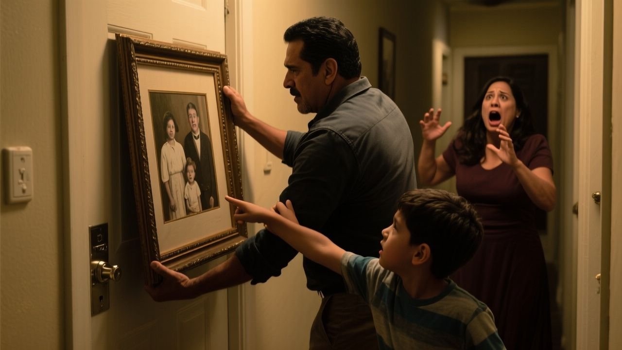 Padre retira un cuadro familiar del pasillo y revela una puerta metálica secreta donde encuentra a su anciano padre encerrado