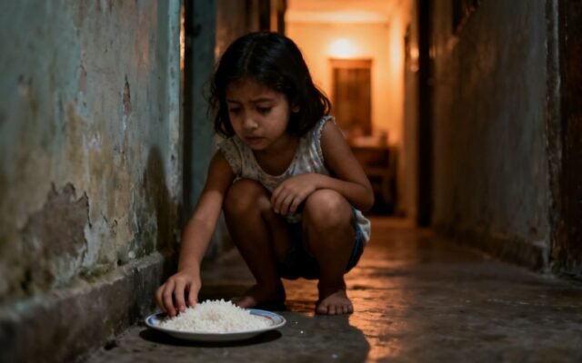 Padre arrodillado junto a una pared secreta abierta en un pasillo, mirando a una niña asustada escondida dentro