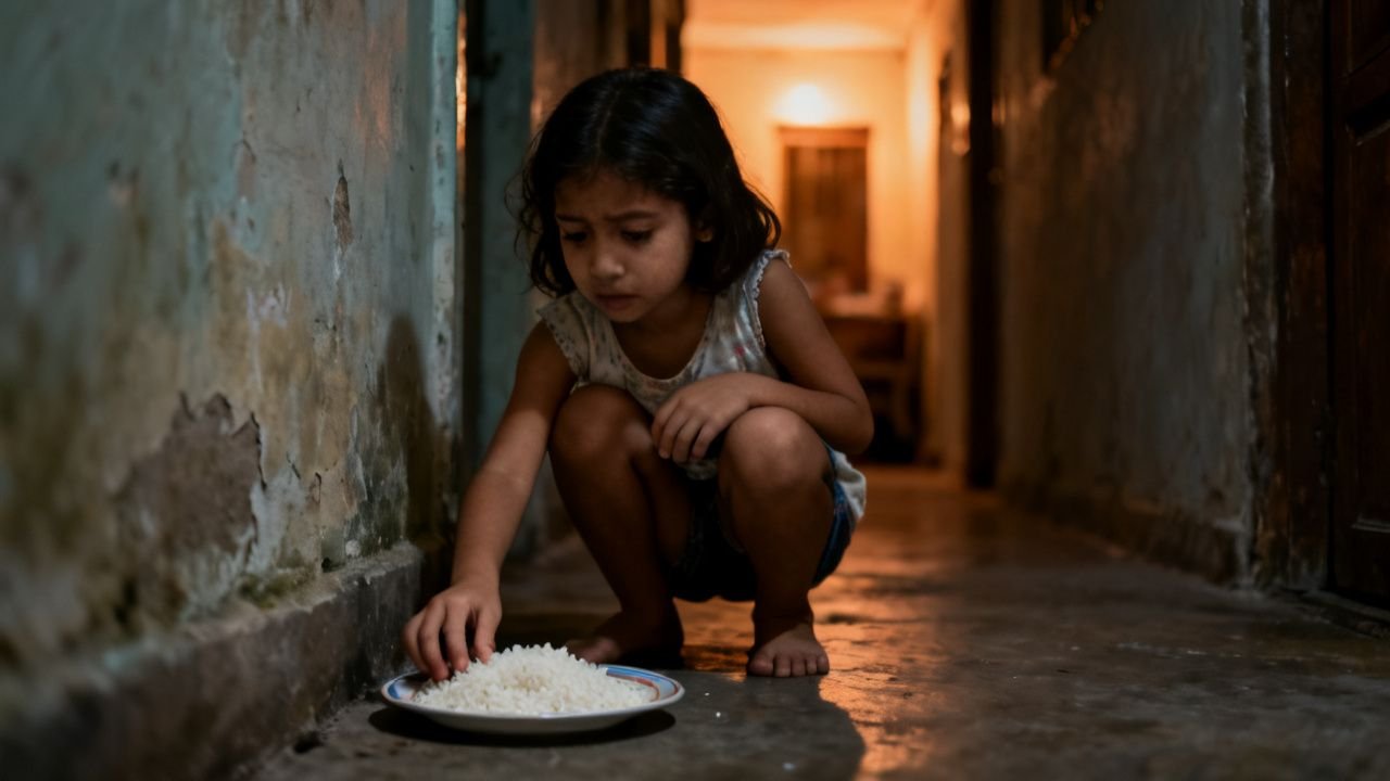 Padre arrodillado junto a una pared secreta abierta en un pasillo, mirando a una niña asustada escondida dentro