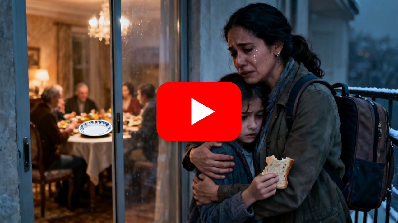 Niña sentada en el balcón frío con un pedazo de pan seco, mientras en el comedor familiar hay un banquete servido
