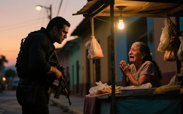 Anciana vendedora de jugos frente a su puesto ambulante mientras un sicario encapuchado le apunta con una pistola en el merca