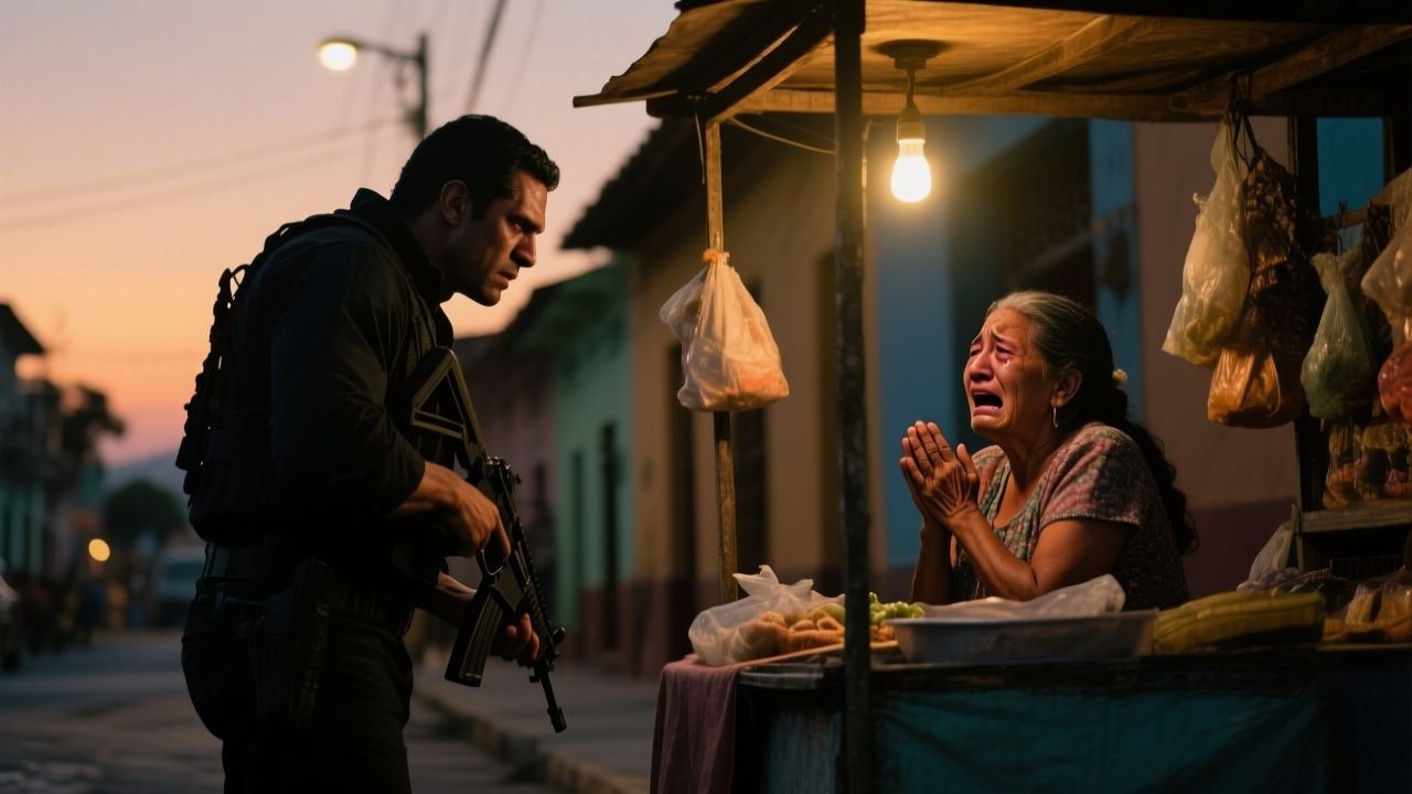 Anciana vendedora de jugos frente a su puesto ambulante mientras un sicario encapuchado le apunta con una pistola en el merca