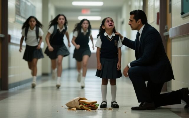 Niña de rodillas frente a su sándwich caído en el piso de la cafetería escolar mientras sus compañeras la rodean