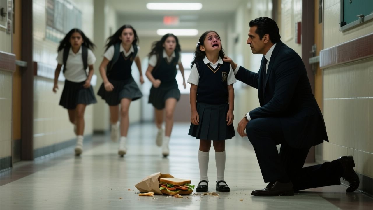 Niña de rodillas frente a su sándwich caído en el piso de la cafetería escolar mientras sus compañeras la rodean