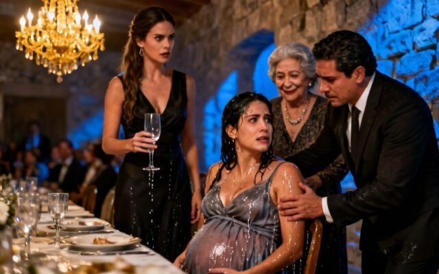 Mujer embarazada con vestido azul marino empapado de agua en una cena formal, rodeada de familiares que se ríen de ella