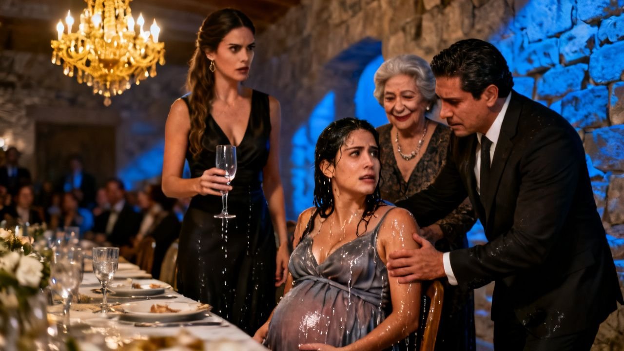 Mujer embarazada con vestido azul marino empapado de agua en una cena formal, rodeada de familiares que se ríen de ella