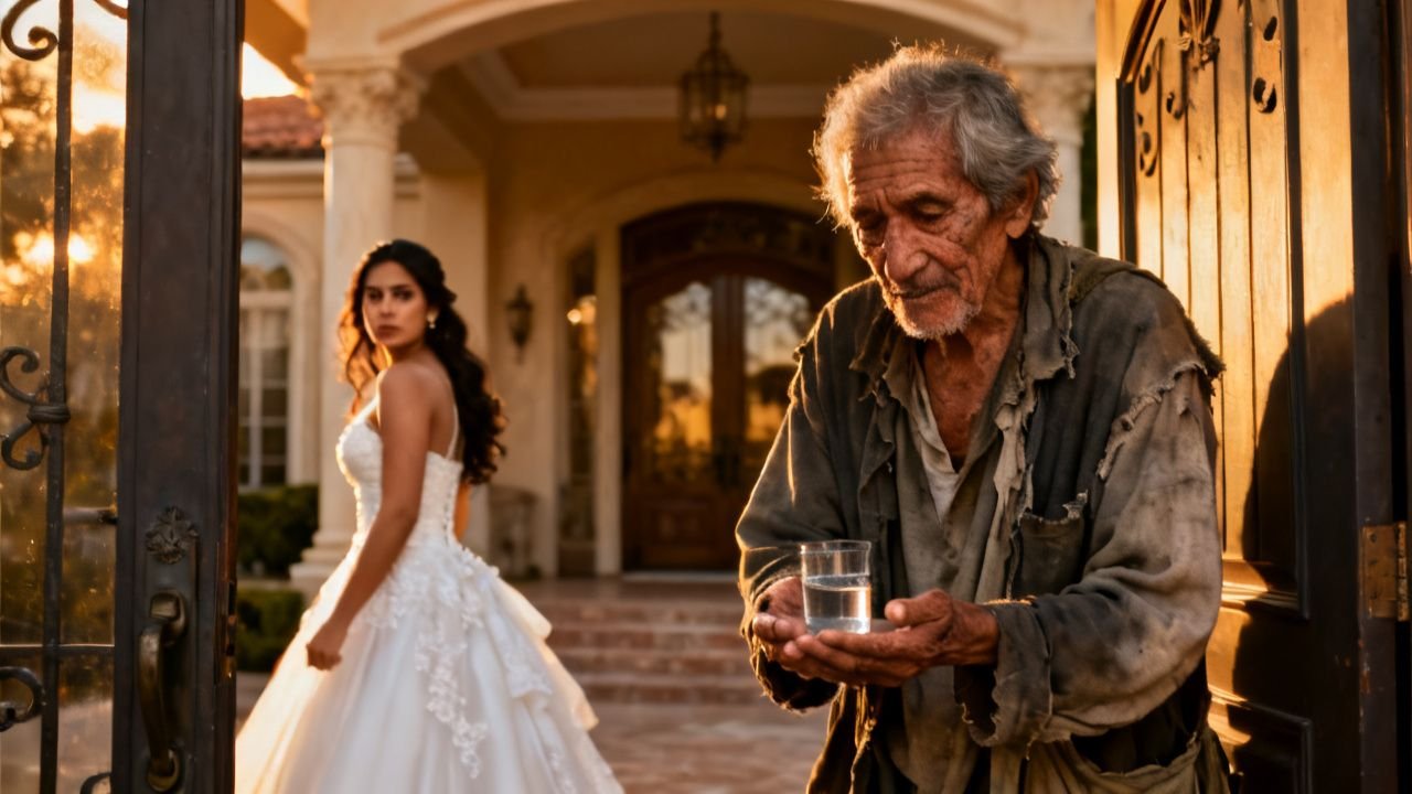 Anciano disfrazado de mendigo pidiendo un vaso de agua en la puerta de una residencia elegante