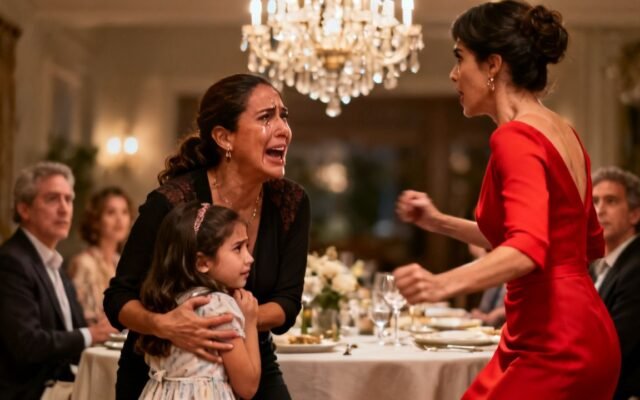 Mujer con vestido rojo de pie en un salón de eventos mientras una niña pequeña llora en el suelo junto a su madre