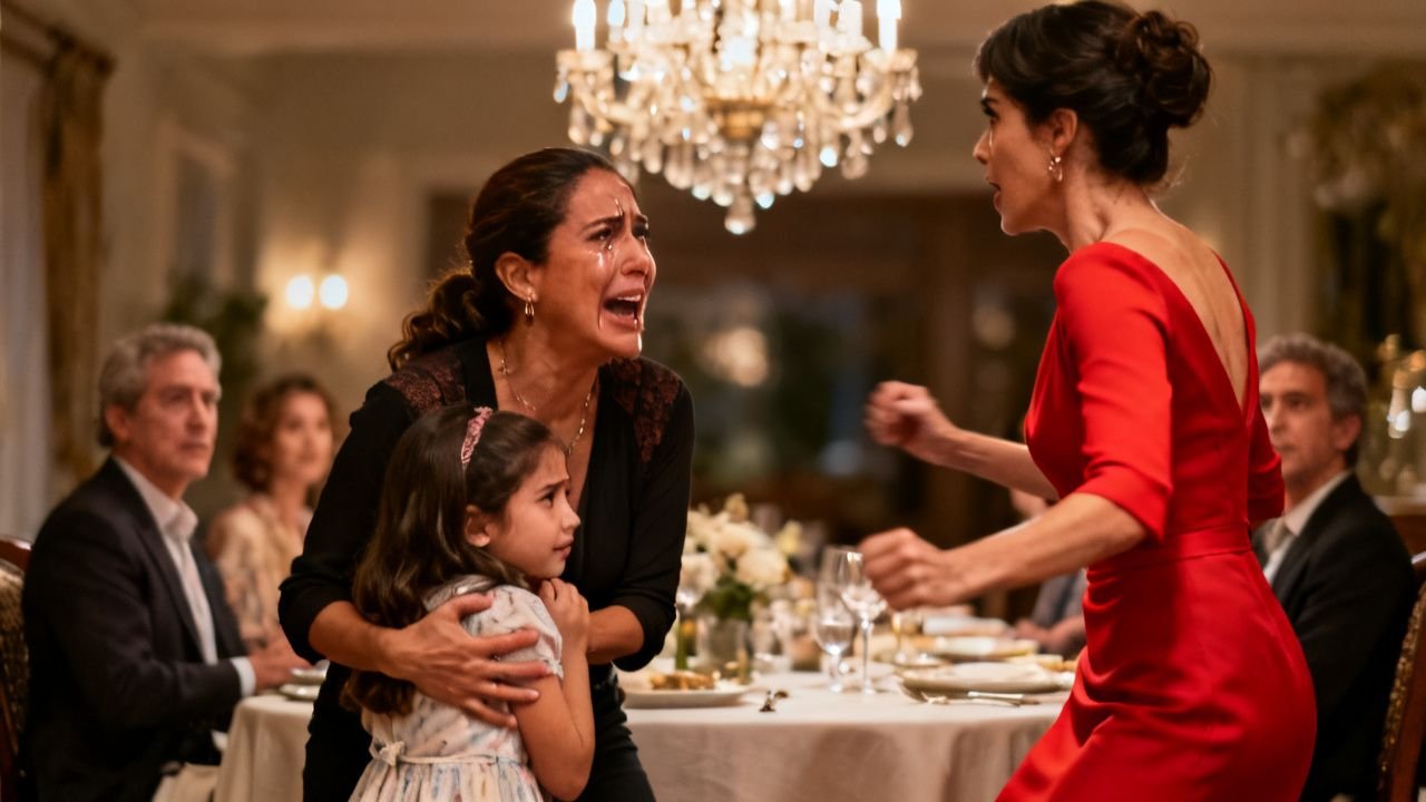 Mujer con vestido rojo de pie en un salón de eventos mientras una niña pequeña llora en el suelo junto a su madre