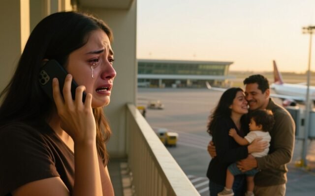 Mujer mirando por la ventana del hotel mientras descubre a su pareja abrazando a otra mujer y un niño en el aeropuerto