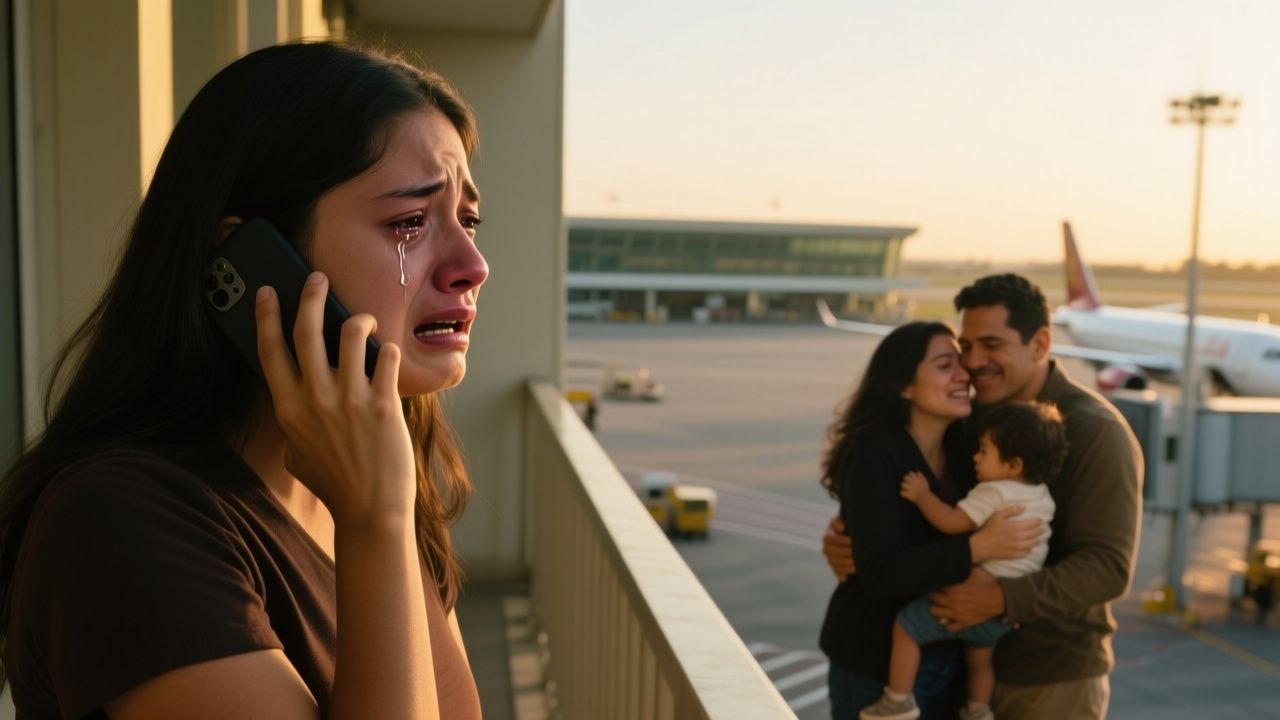 Mujer mirando por la ventana del hotel mientras descubre a su pareja abrazando a otra mujer y un niño en el aeropuerto