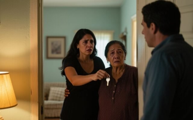 Mujer entregando las llaves de su casa sobre la mesa del comedor tras defender a su madre de una acusación falsa de robo