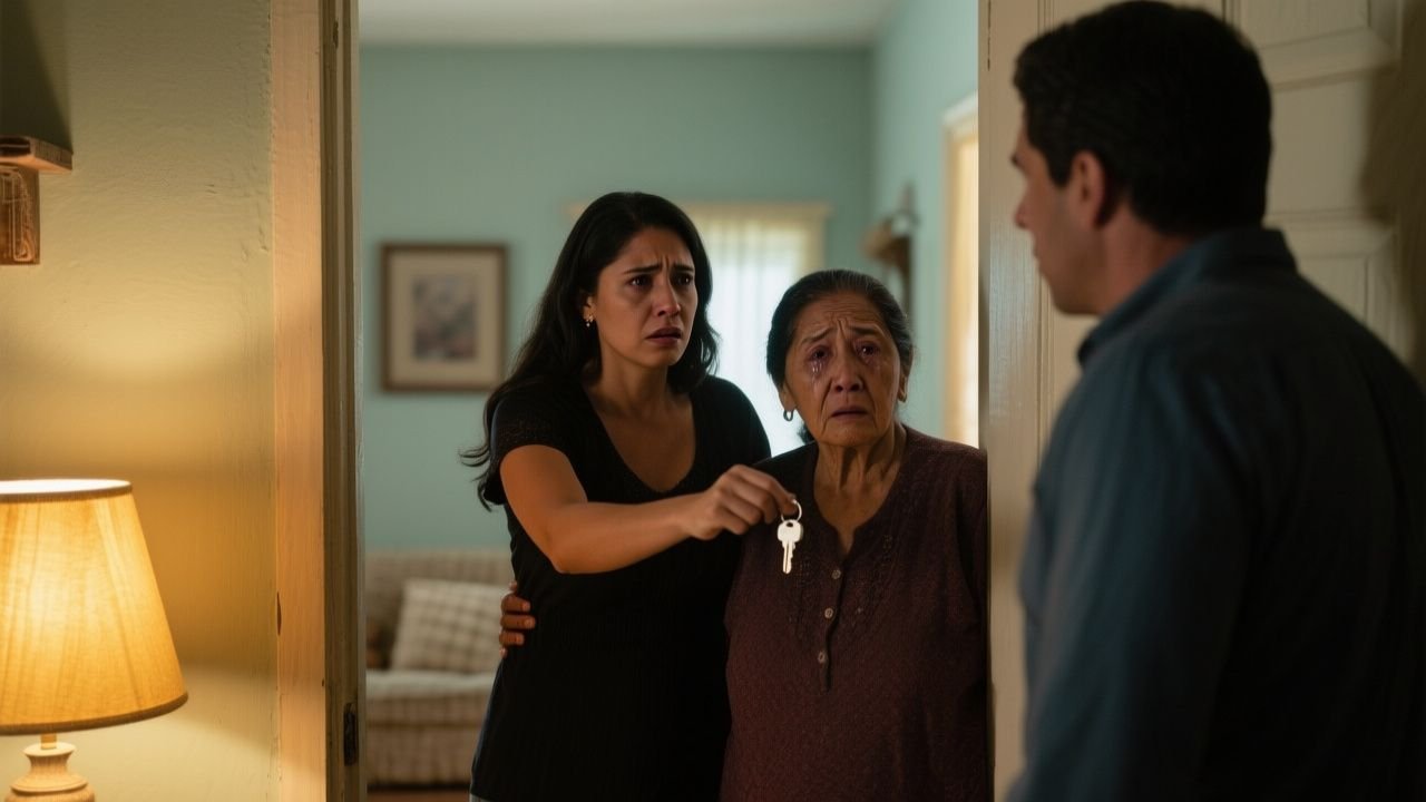 Mujer entregando las llaves de su casa sobre la mesa del comedor tras defender a su madre de una acusación falsa de robo