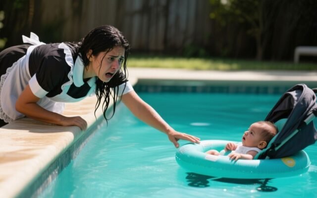 Mujer con uniforme rescatando a un bebé de una piscina mientras otra mujer grita desde la casa