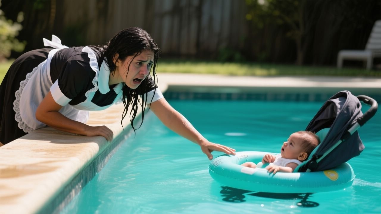Mujer con uniforme rescatando a un bebé de una piscina mientras otra mujer grita desde la casa