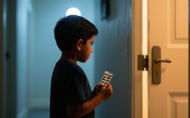 Hombre mirando la puerta cerrada del cuarto del fondo mientras su hijo pequeño sostiene medicinas en la penumbra