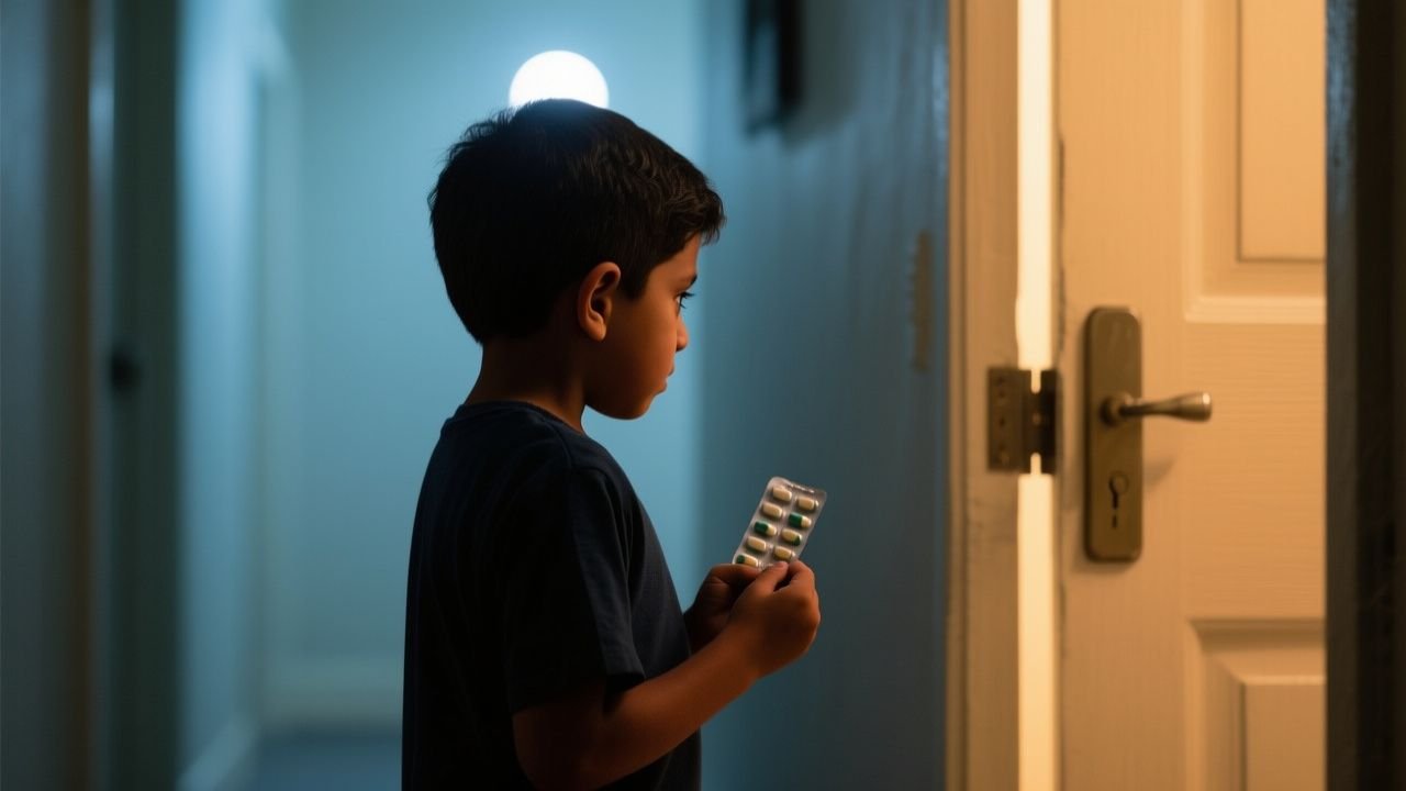Hombre mirando la puerta cerrada del cuarto del fondo mientras su hijo pequeño sostiene medicinas en la penumbra