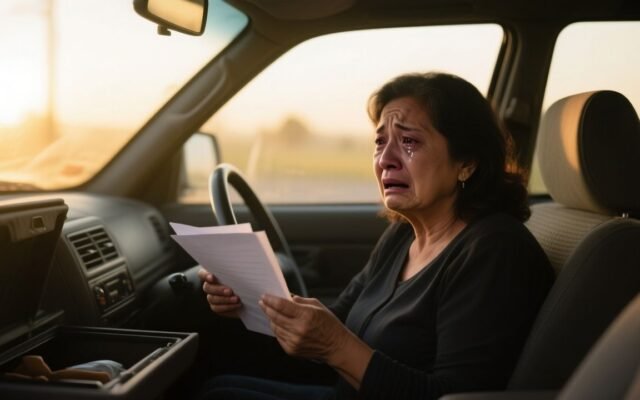 Mujer de 60 años revisando la guantera del auto familiar y encontrando un contrato de venta falsificado