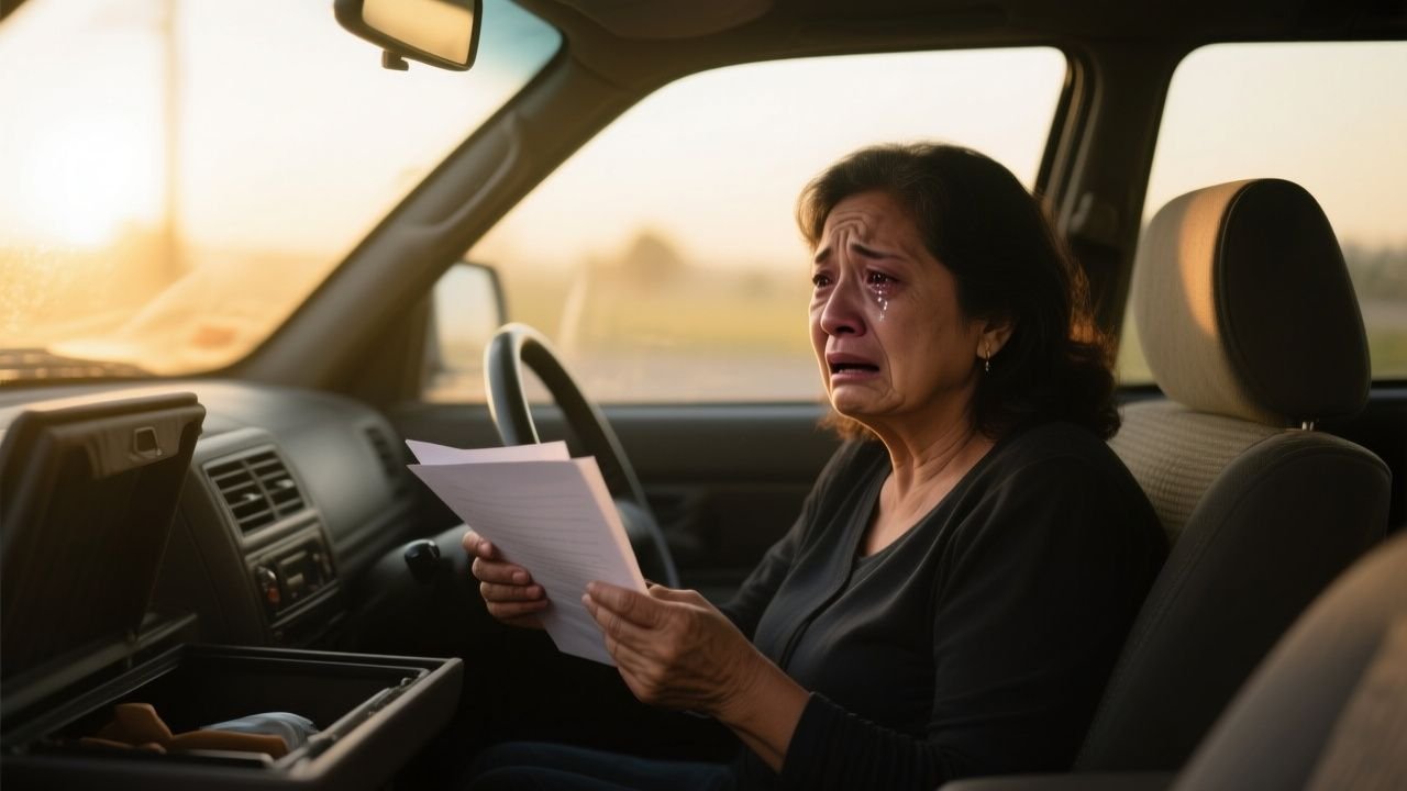 Mujer de 60 años revisando la guantera del auto familiar y encontrando un contrato de venta falsificado