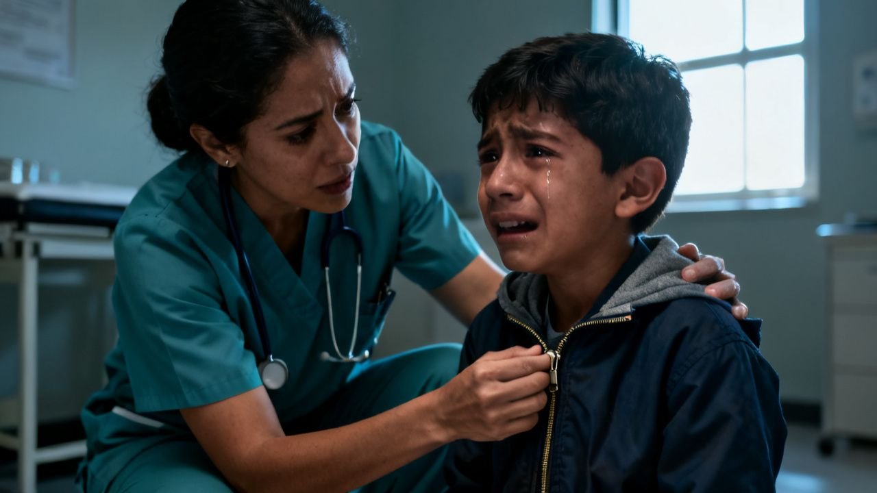 Enfermera arrodillada frente a un niño con chaqueta azul en un consultorio, descubriendo llaves atadas con cuerdas en su cint