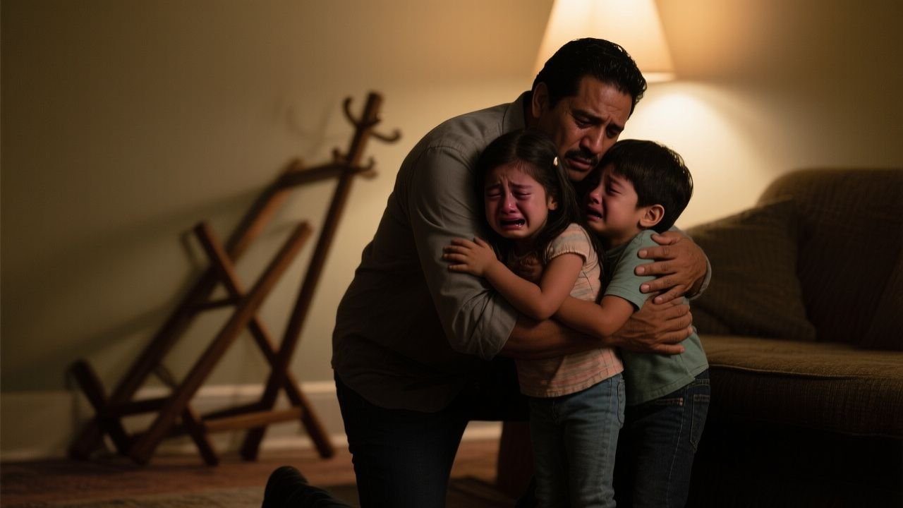 Padre protegiendo a sus dos hijos de una mujer desconocida que sostiene un perchero de metal en una habitación