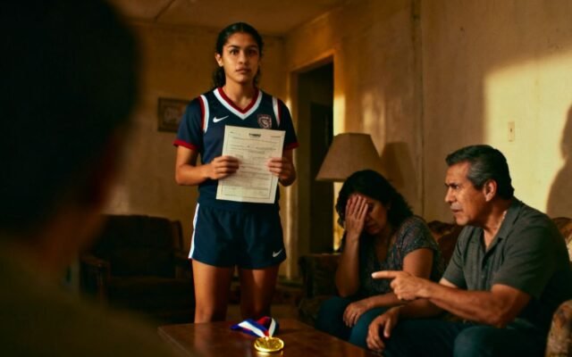 Joven atleta sosteniendo su medalla de oro junto a una mochila en la habitación, lista para tomar una decisión