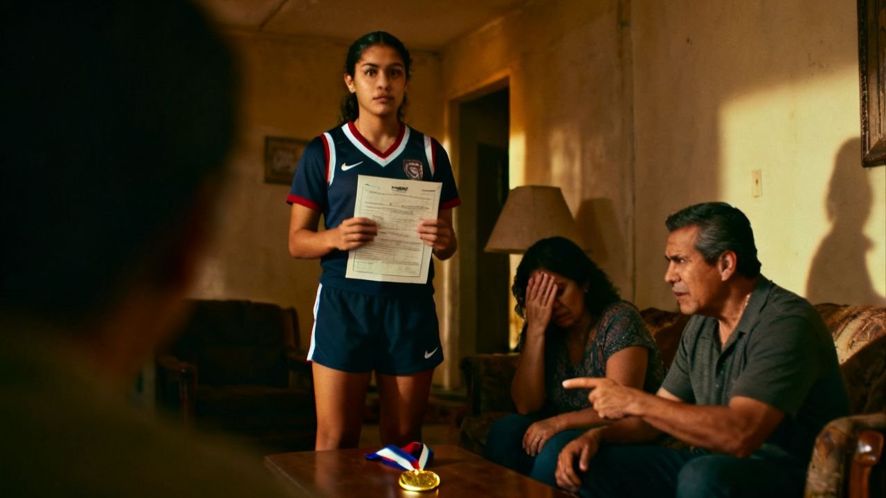 Joven atleta sosteniendo su medalla de oro junto a una mochila en la habitación, lista para tomar una decisión