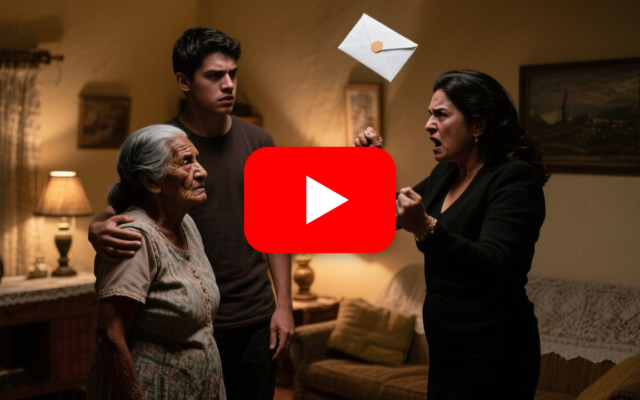 Madre humilde sentada en su mecedora remendada recibiendo un sobre con dinero de su hijo, mientras su pareja observa ambicios