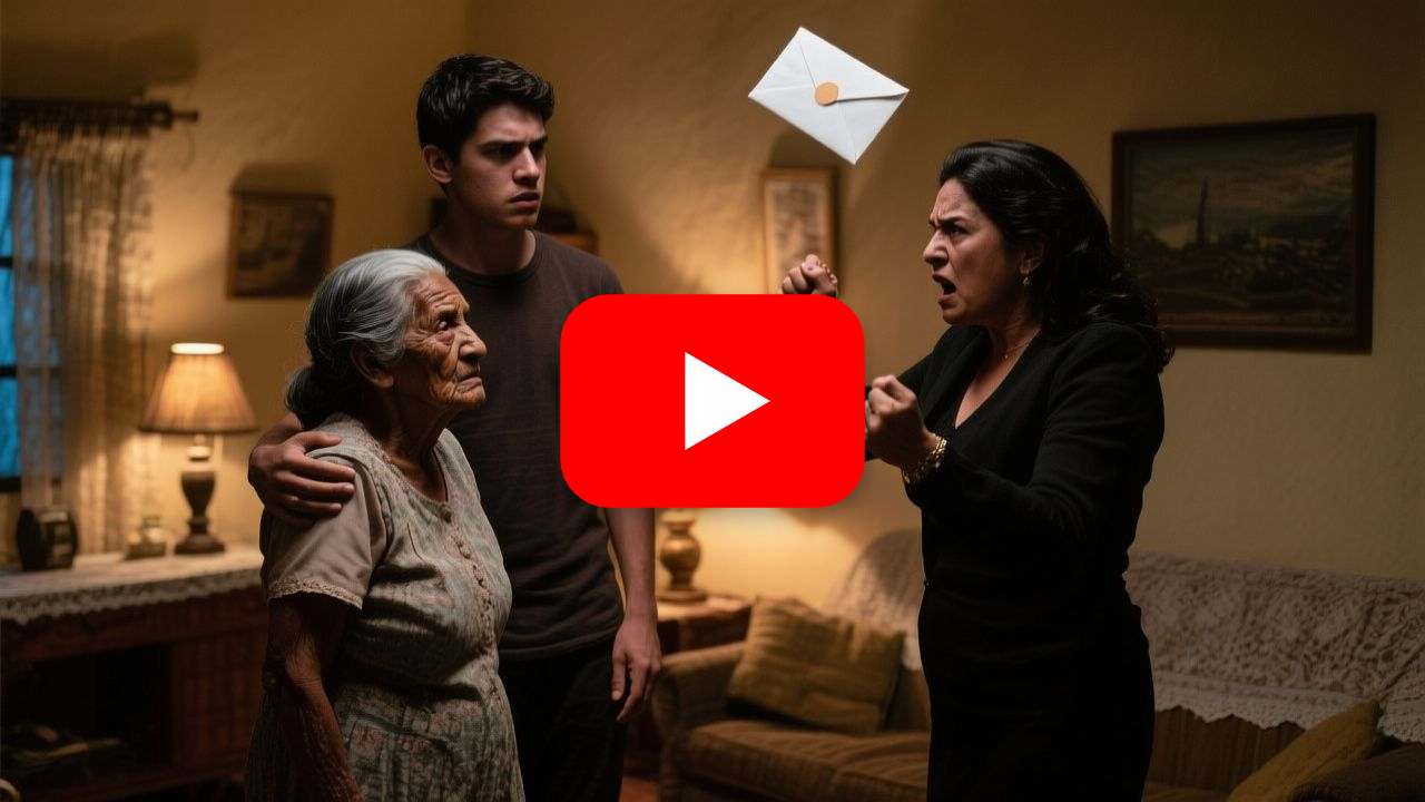 Madre humilde sentada en su mecedora remendada recibiendo un sobre con dinero de su hijo, mientras su pareja observa ambicios