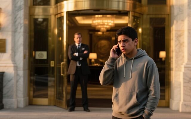 Joven con sudadera gris expulsado del lobby de un hotel de lujo por el gerente