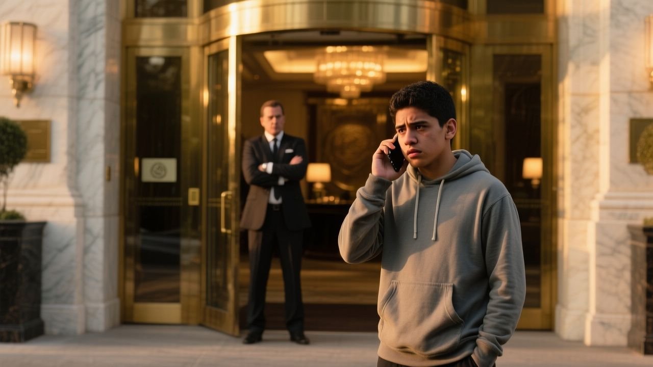 Joven con sudadera gris expulsado del lobby de un hotel de lujo por el gerente