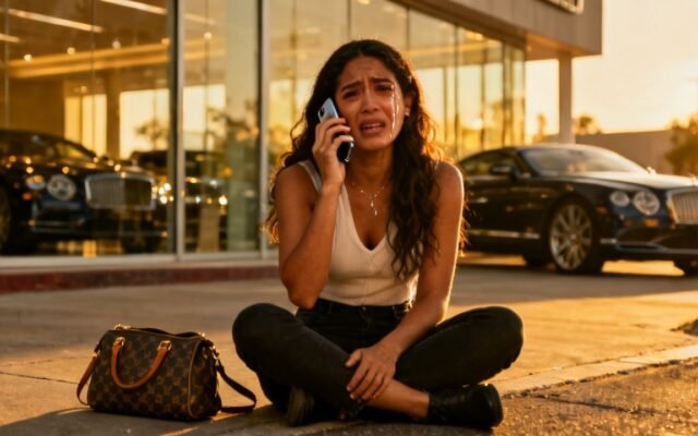 Joven llorando en el piso de un concesionario de autos de lujo mientras la gerente la observa con indiferencia
