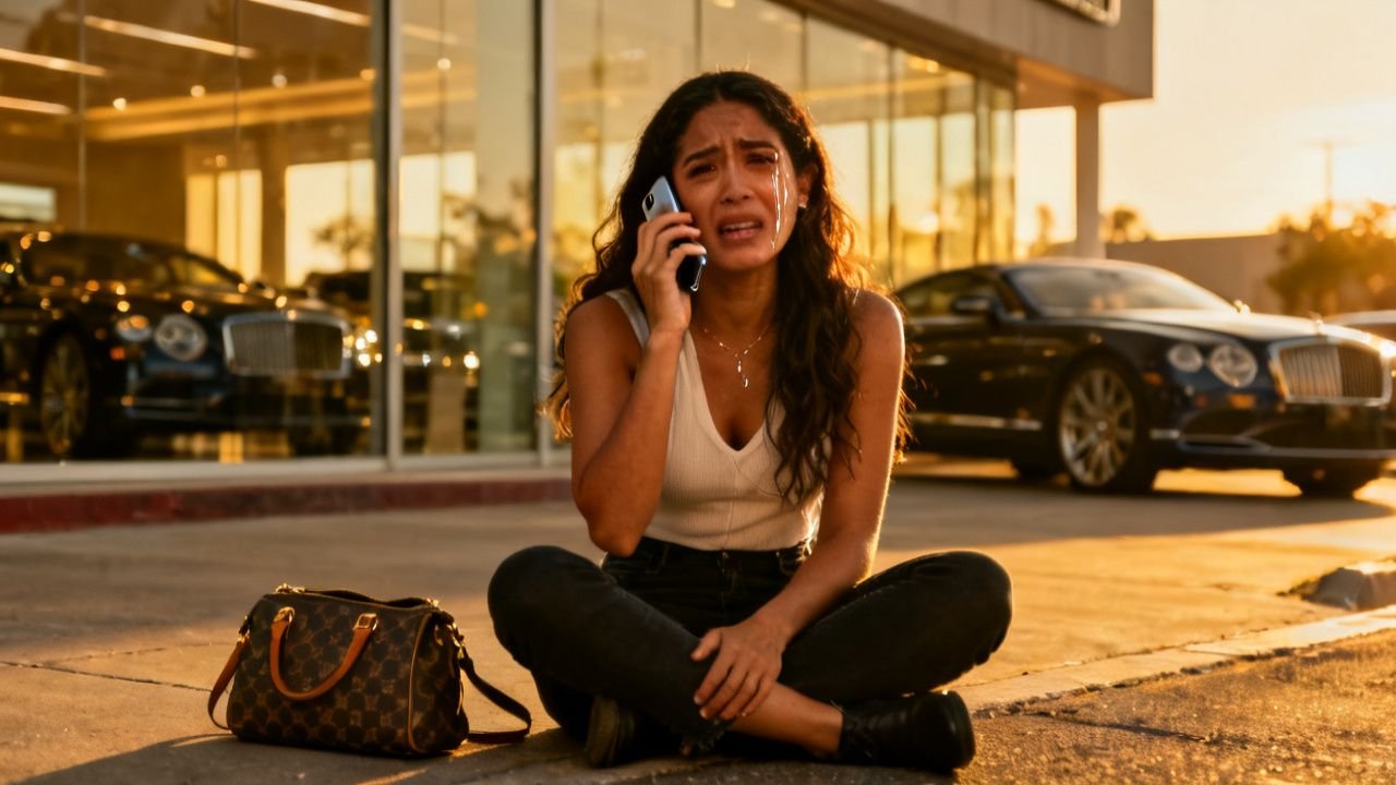 Joven llorando en el piso de un concesionario de autos de lujo mientras la gerente la observa con indiferencia