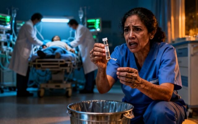 Mujer de limpieza con overol azul sostiene un frasquito médico hallado en la basura del cuarto 317 de un hospital