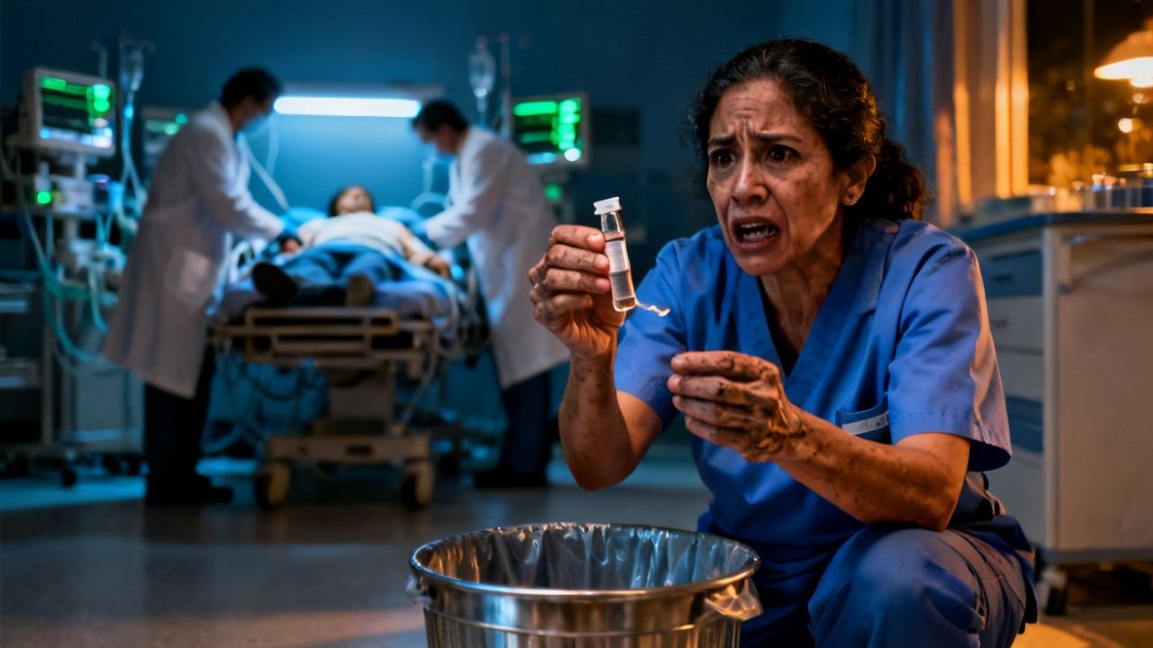 Mujer de limpieza con overol azul sostiene un frasquito médico hallado en la basura del cuarto 317 de un hospital