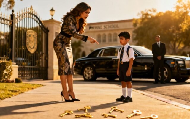 Mujer elegante humillando a un niño con mochila en la entrada del Colegio San Agustín