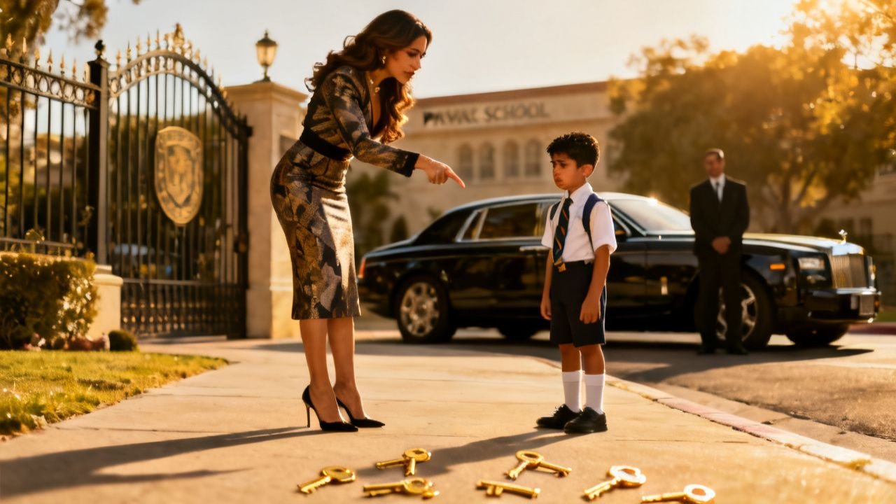 Mujer elegante humillando a un niño con mochila en la entrada del Colegio San Agustín