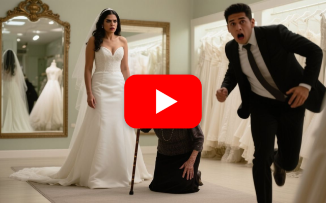 Novia con vestido blanco de encaje frente al espejo mientras una anciana arrodillada sostiene la cola del vestido