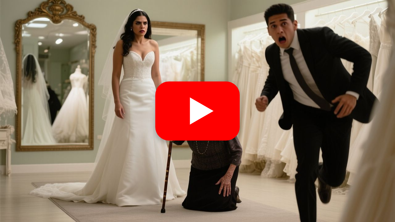 Novia con vestido blanco de encaje frente al espejo mientras una anciana arrodillada sostiene la cola del vestido