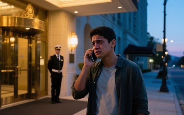 Joven con sudadera gris siendo expulsado de un lujoso hotel por un gerente que lo juzga por su apariencia