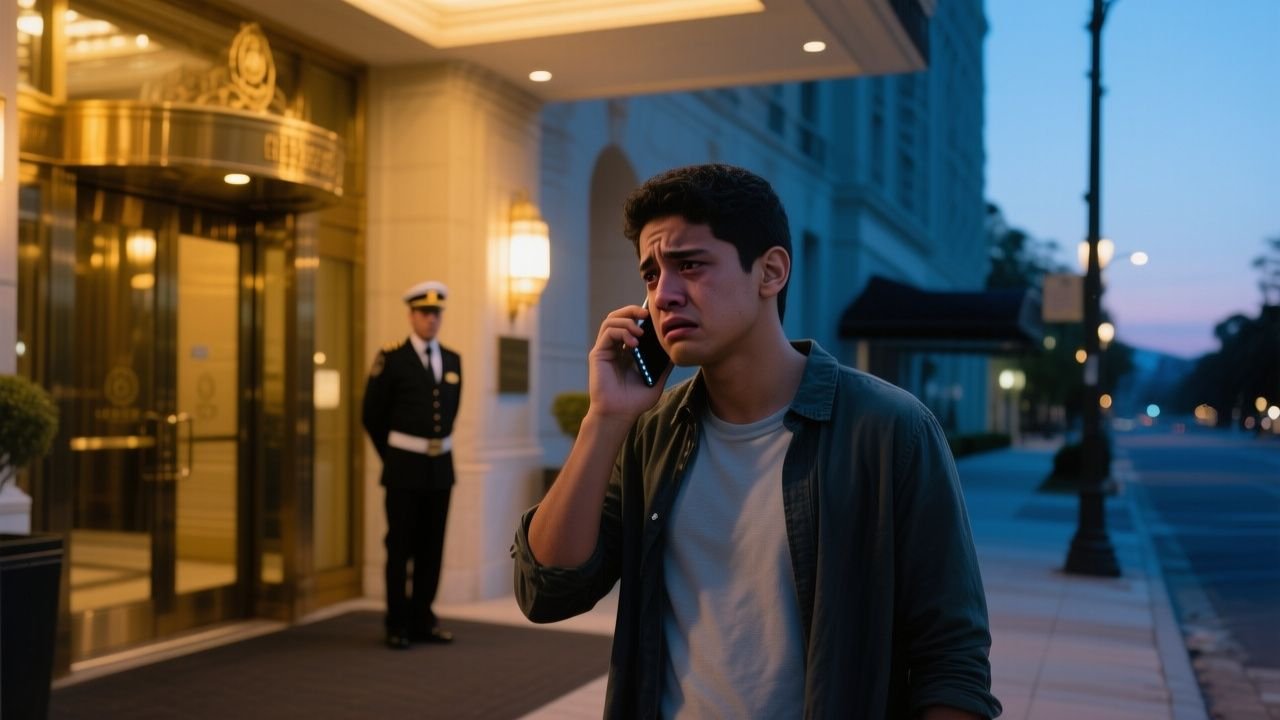 Joven con sudadera gris siendo expulsado de un lujoso hotel por un gerente que lo juzga por su apariencia