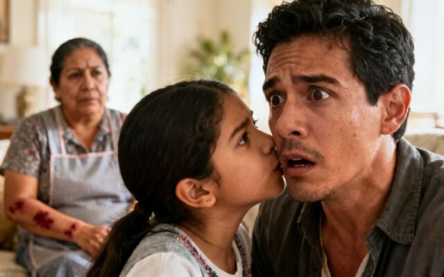 Novio agachado escuchando a niña que le tira del saco antes de la boda, con prometida sonriendo al fondo.