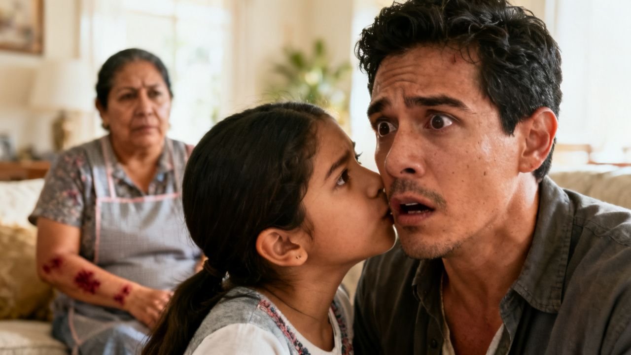Novio agachado escuchando a niña que le tira del saco antes de la boda, con prometida sonriendo al fondo.