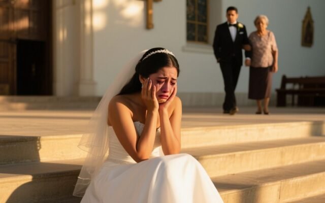 Novia con vestido de encaje marfil sentada sola y llorando después de recibir una bofetada de su prometido el día de su boda