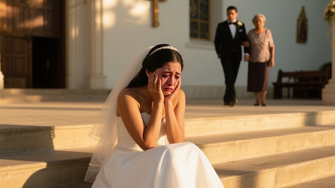 Novia con vestido de encaje marfil sentada sola y llorando después de recibir una bofetada de su prometido el día de su boda