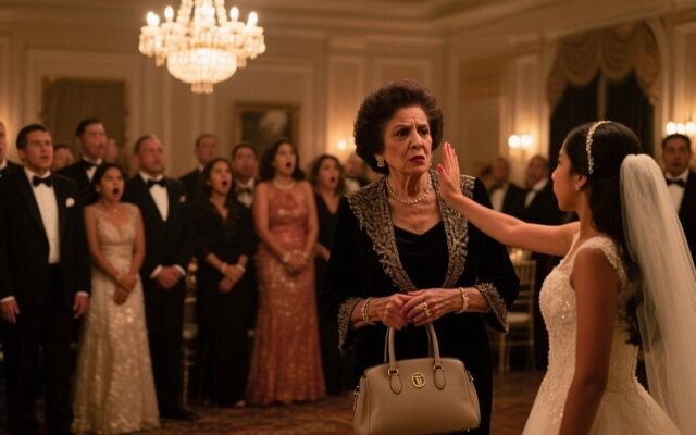 Mujer mayor con bolso negro observando a su hija en un elegante salón del Club Campestre durante una cena de compromiso