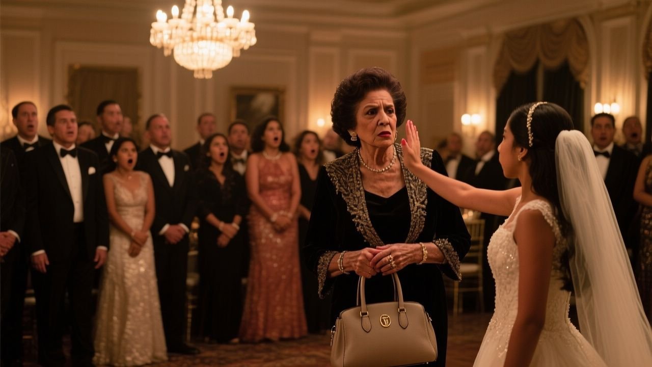 Mujer mayor con bolso negro observando a su hija en un elegante salón del Club Campestre durante una cena de compromiso